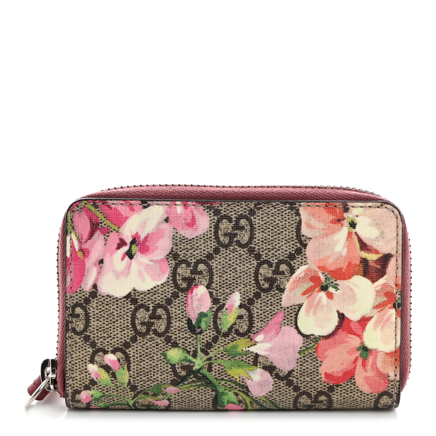 GG Supreme Monogram Blooms Zip Around Card Case Wallet Beige Multicolor Dry Rose