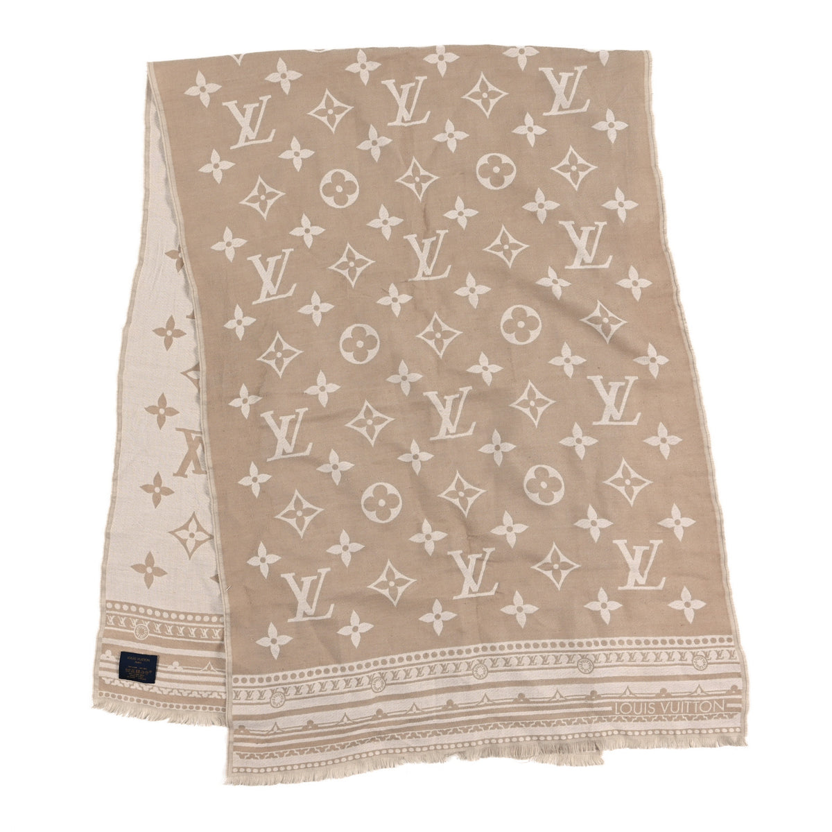 Silk Wool Monogram Studdy Denim Shawl Beige
