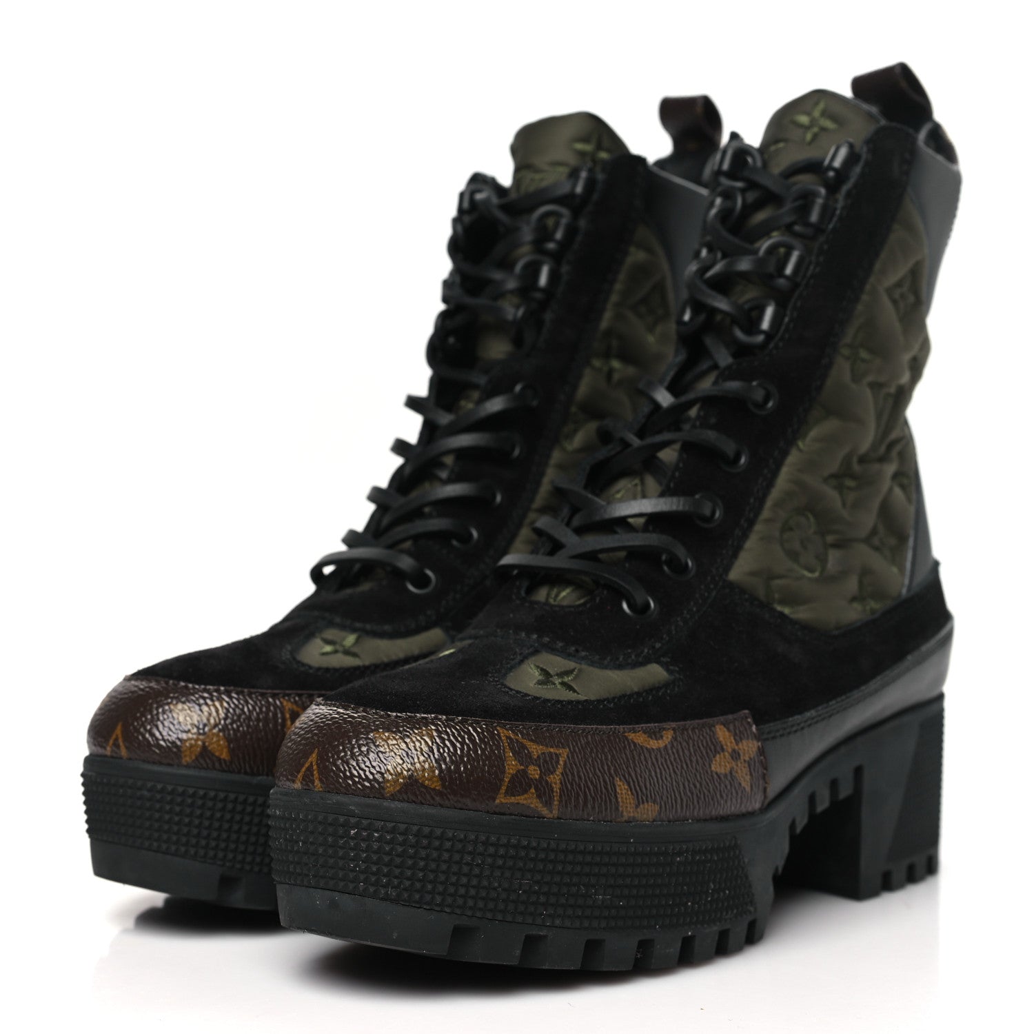 Louis Vuitton Nylon Embroidered Monogram Suede Laureate Platform Desert Boots 38 Kaki 4 of 9