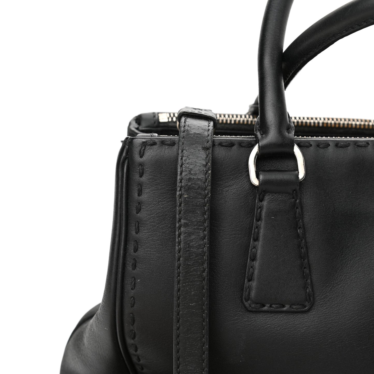 City Calf Hand Stitched Small Galleria Double Zip Tote Black