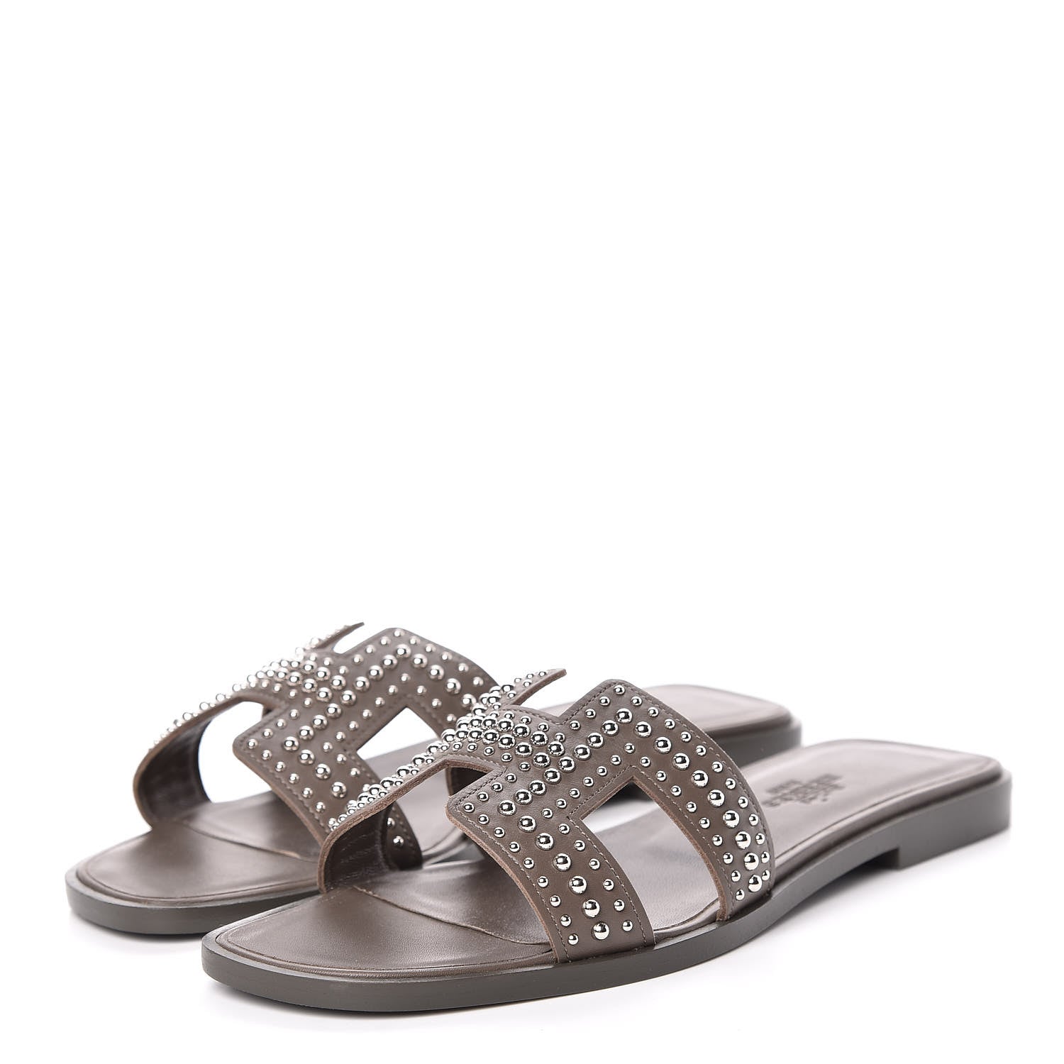 Hermes Calfskin Studded Oran Sandals 35.5 Gris Galet 3 of 9