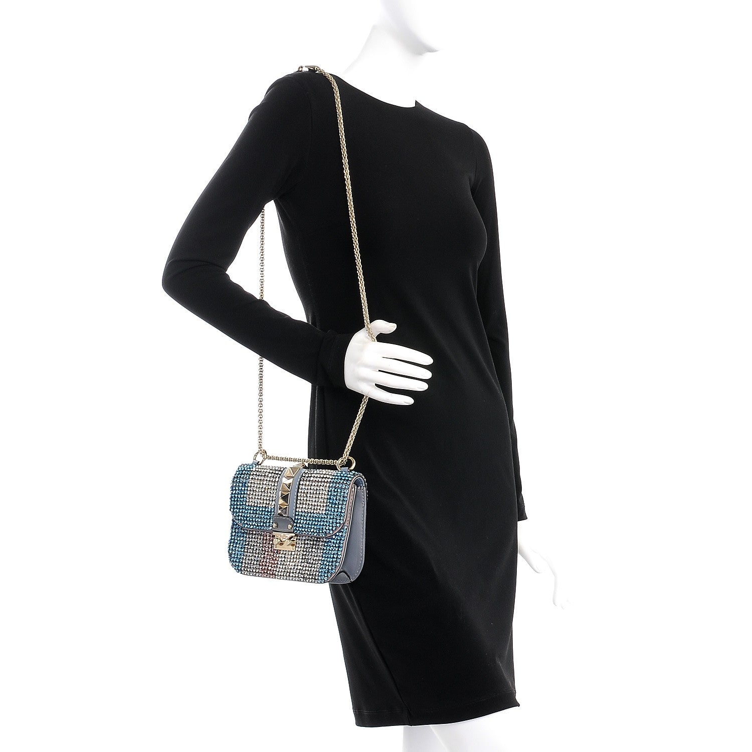 Valentino Garavani Vitello Crystal Embellished Small Glam Lock Rockstud Flap London Stone 2 of 9