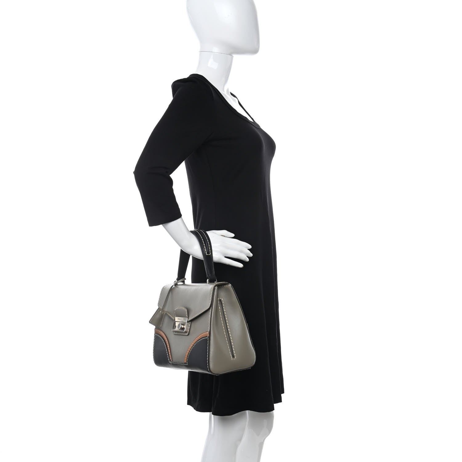 Prada Vitello Tri-Color Medium Sound Top Handle Satchel Grigio Black 2 of 19