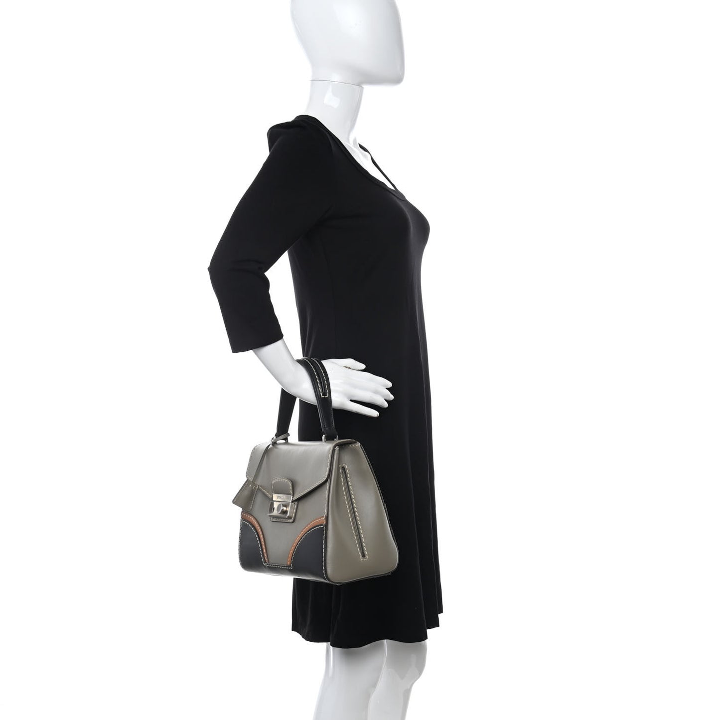 Vitello Tri-Color Medium Sound Top Handle Satchel Grigio Black