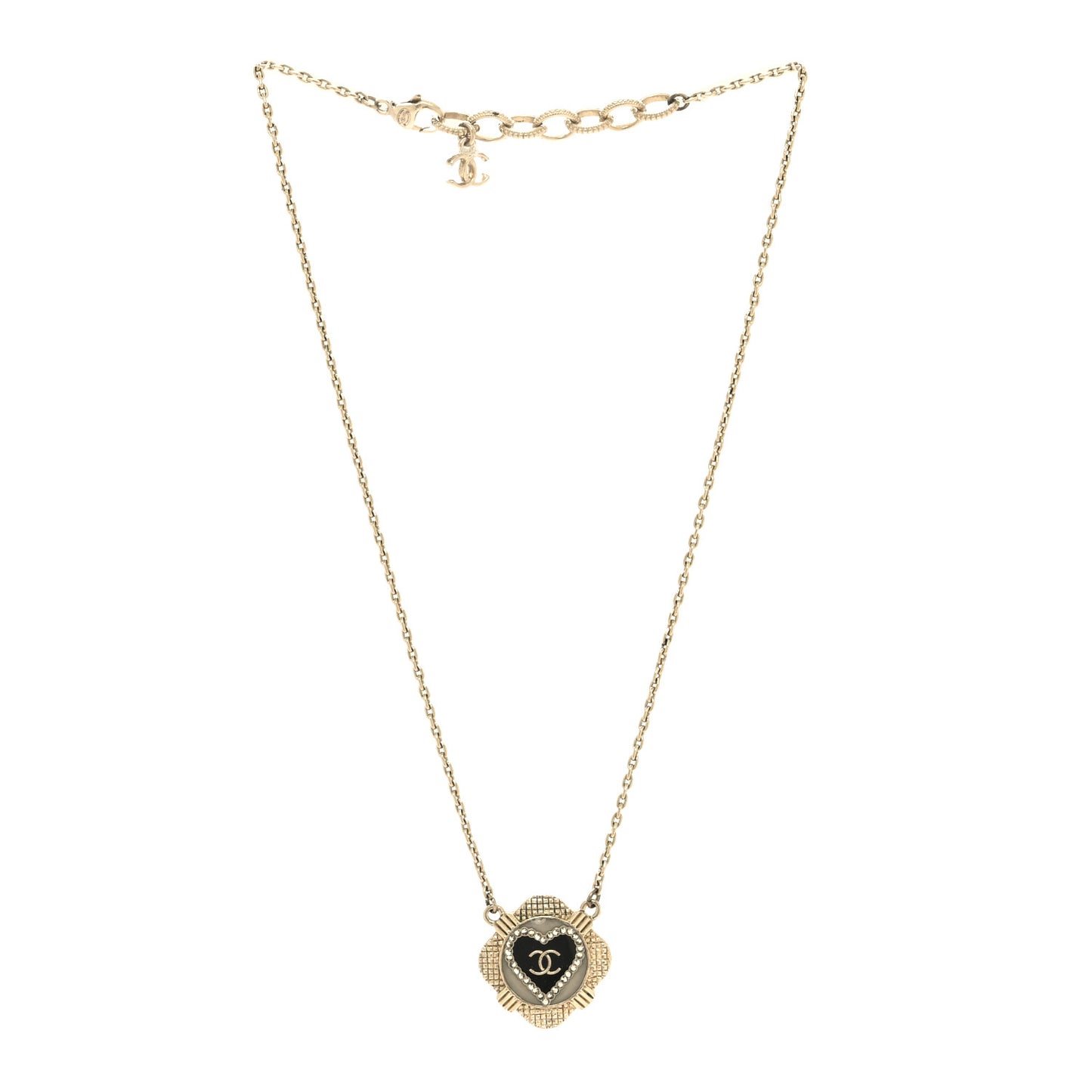 Resin Crystal Quilted CC Heart Necklace Gold Black