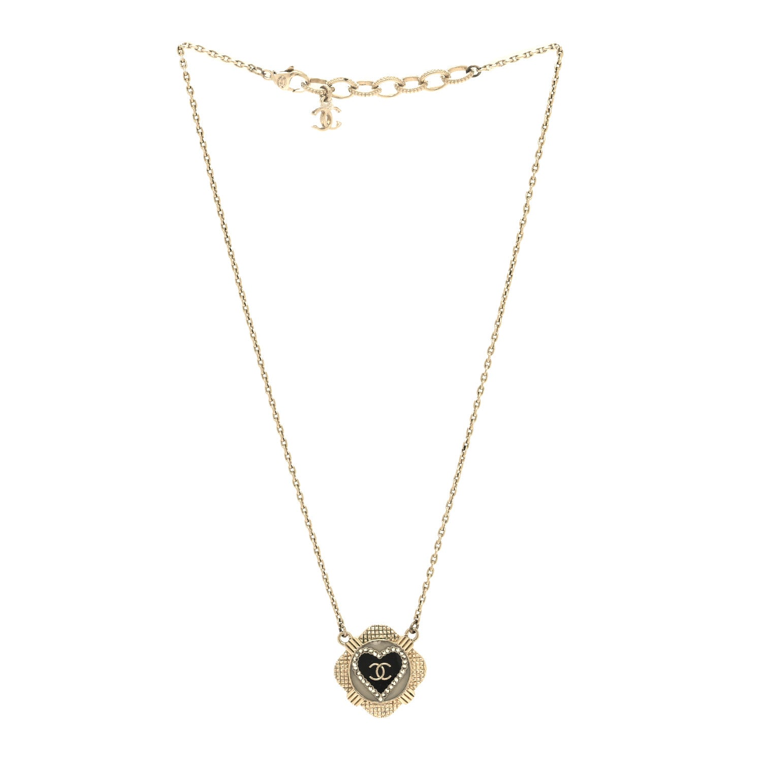 Chanel Resin Crystal Quilted CC Heart Necklace Gold Black 3 of 5