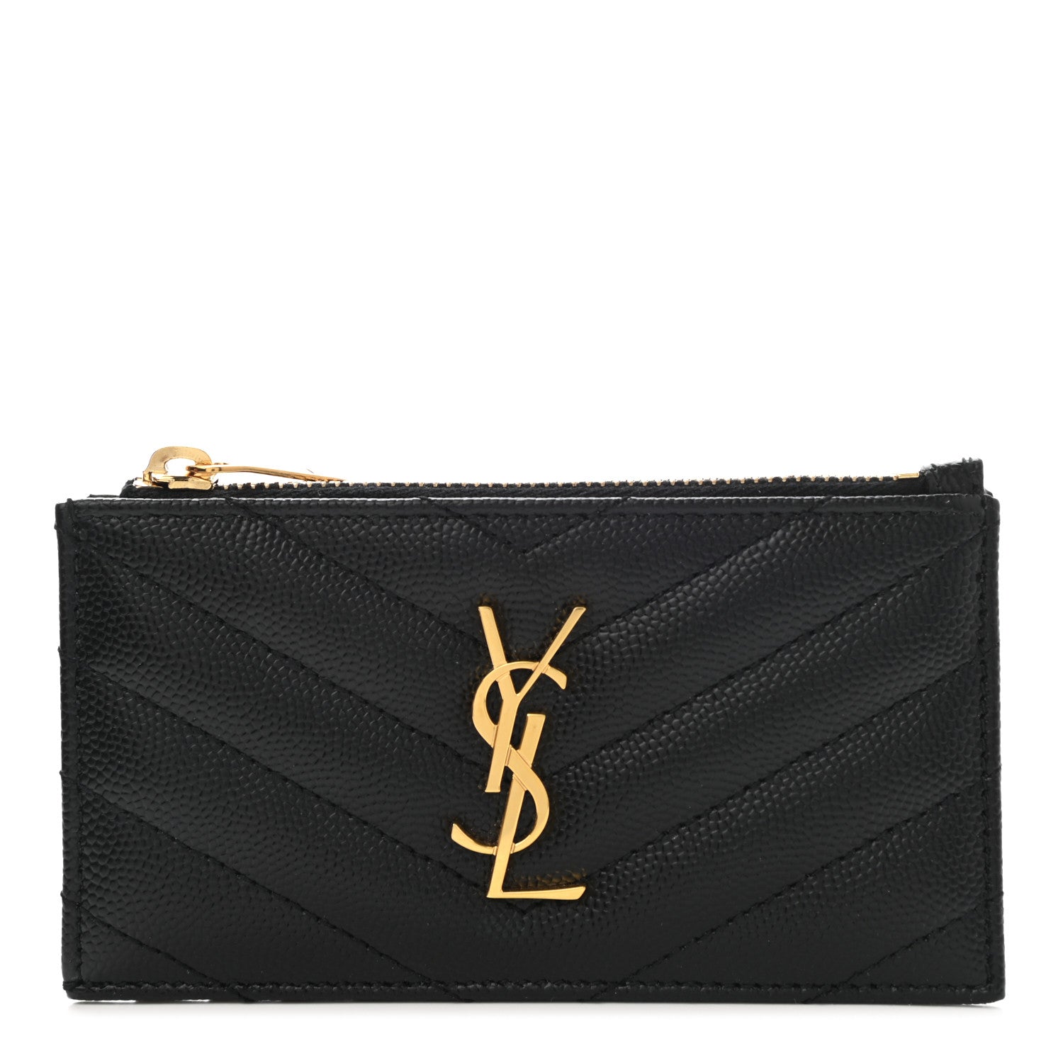 Saint Laurent Grain De Poudre Matelasse Chevron Monogram Fragments Zippered Card Case Black 1 of 8