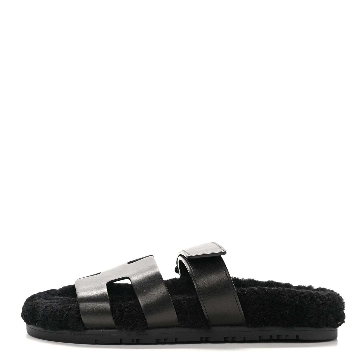 Hermes Calfskin Woolskin Womens Chypre Sandals 38 Black 1 of 9