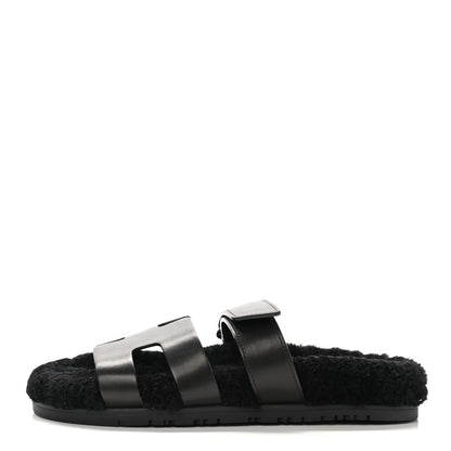Hermes Calfskin Woolskin Womens Chypre Sandals 38 Black 1 of 9