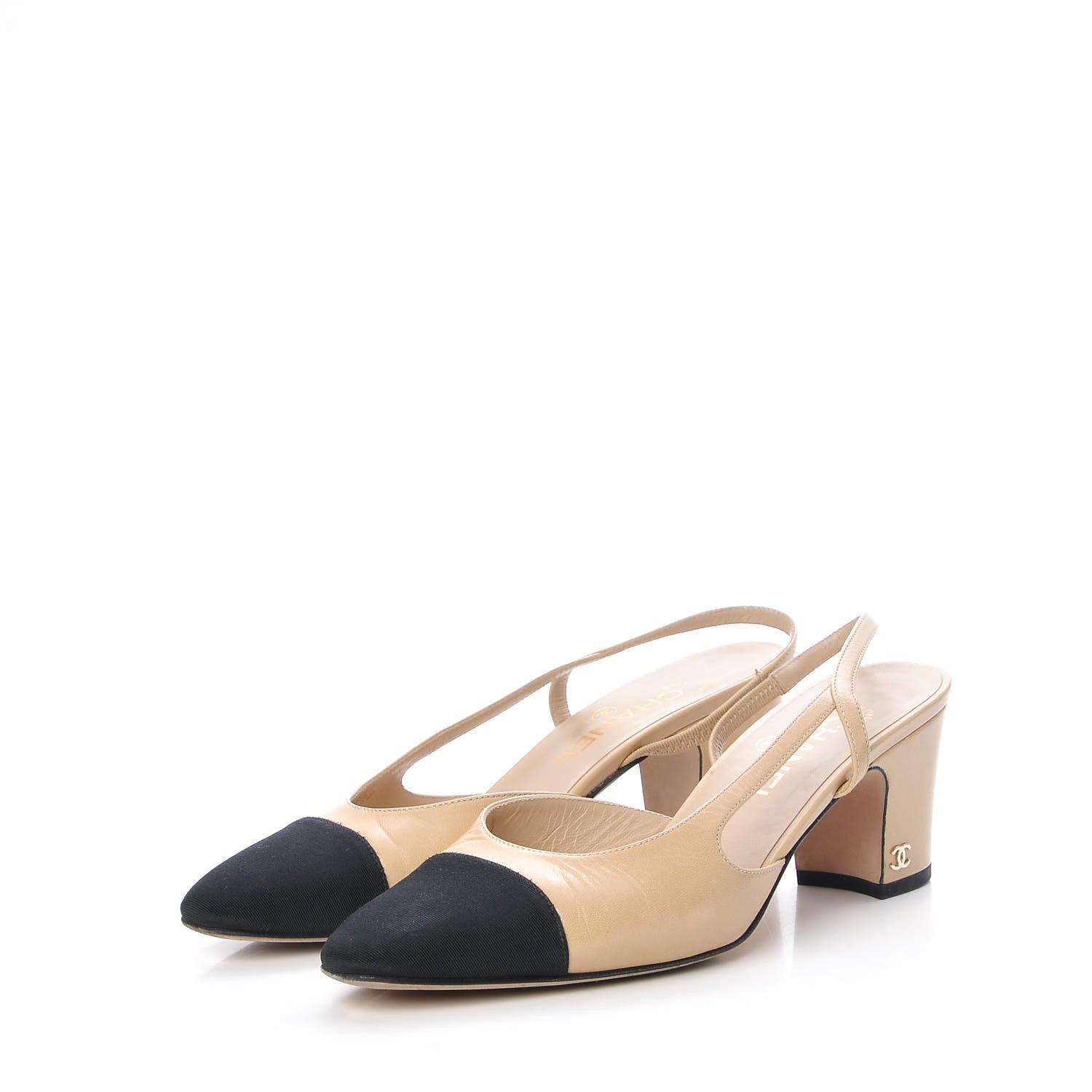 Chanel Goatskin Grosgrain Cap Toe CC Slingback Pumps 38 Beige Black 3 of 13