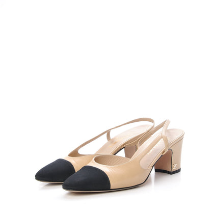 Chanel Goatskin Grosgrain Cap Toe CC Slingback Pumps 38 Beige Black 3 of 13