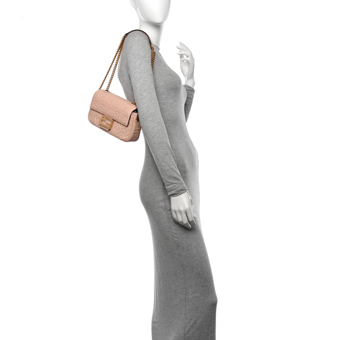 Nappa Small FF Embossed Midi Chain Baguette Light Rose