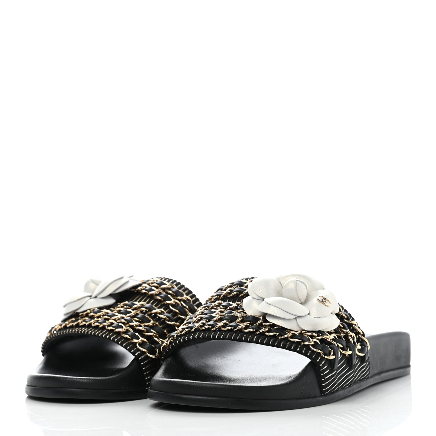 Calfskin Chain Camellia Flat Sandals 36 Black