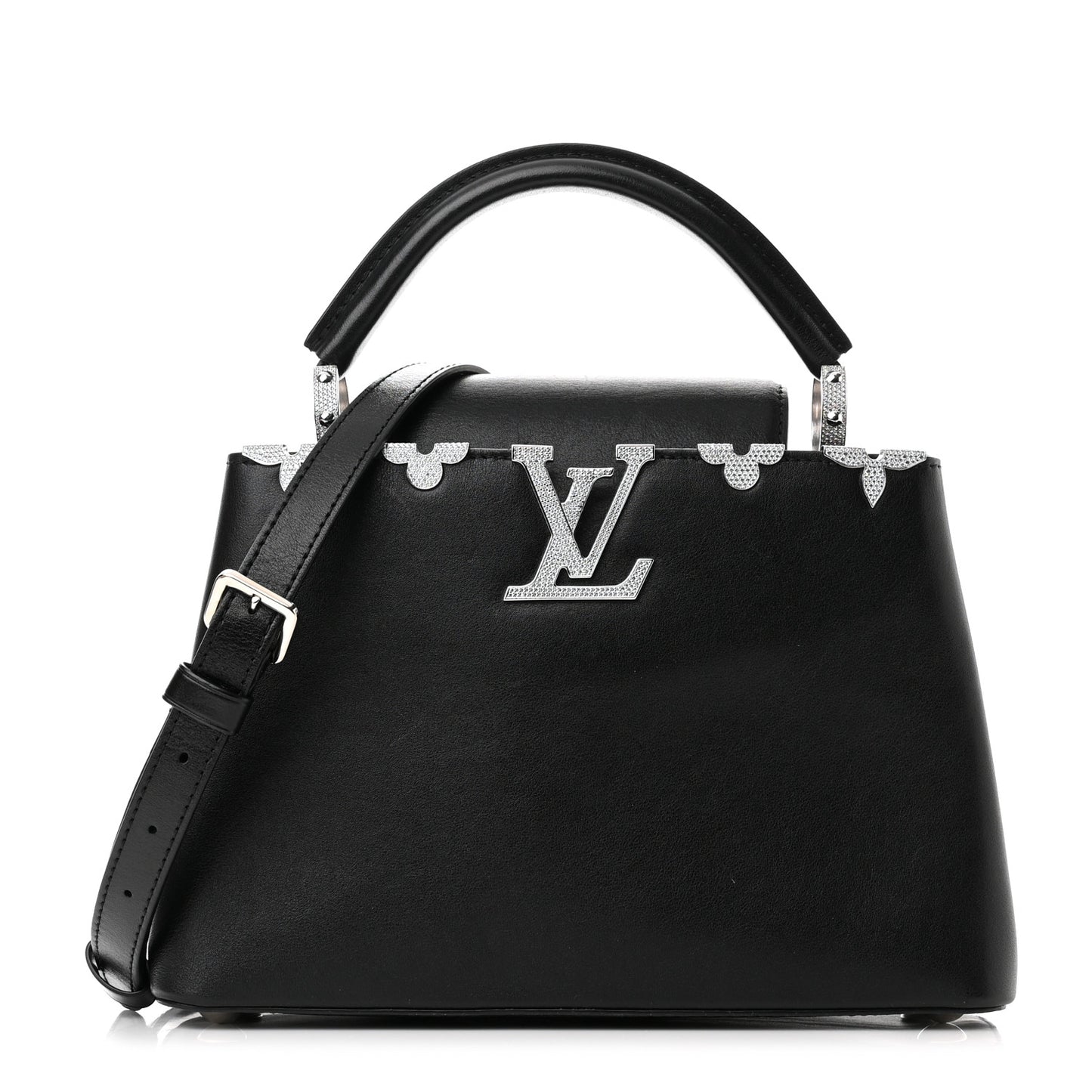 Smooth Calfskin Crystal Flowers Capucines BB Black