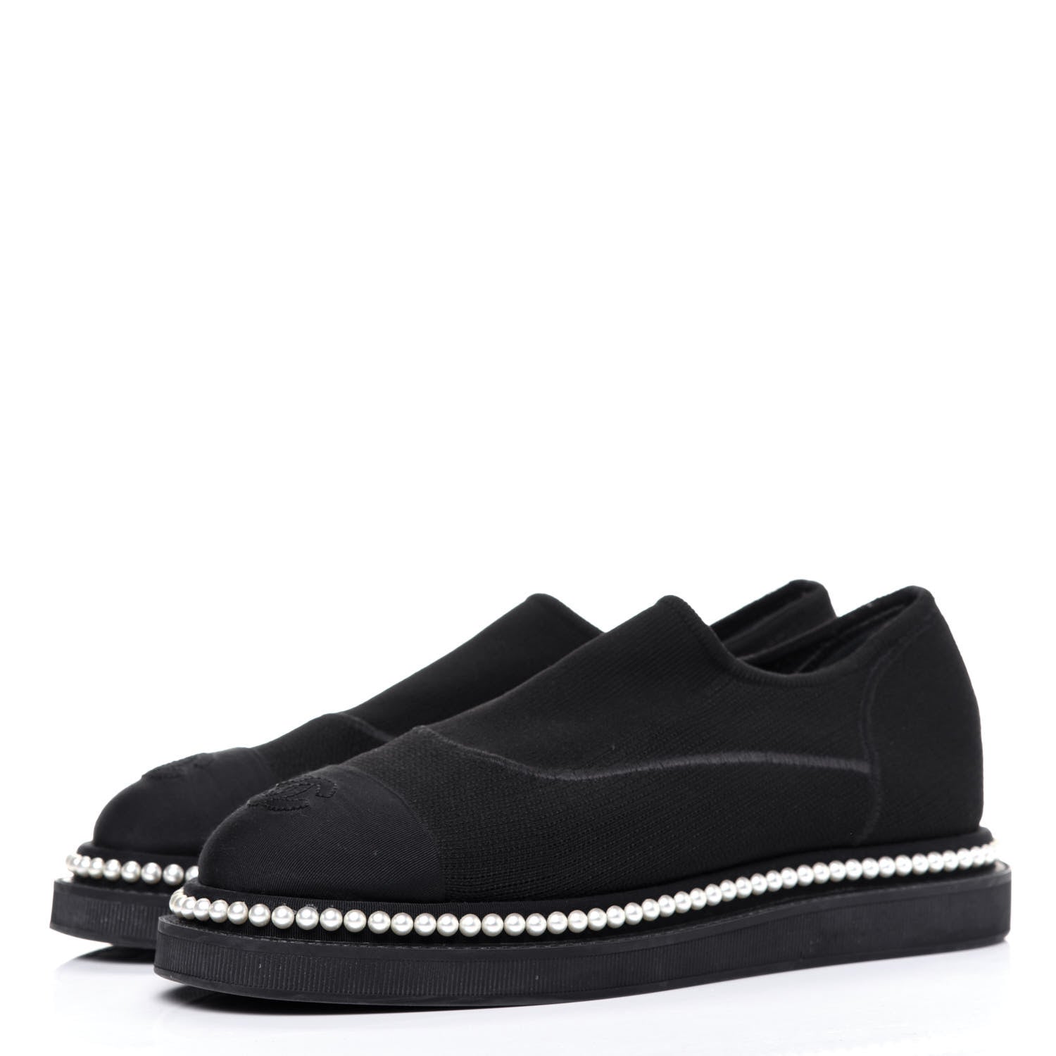 Chanel Stretch Fabric Grosgrain Pearl Cap Toe CC Moccasin Loafers 39 Black 3 of 13
