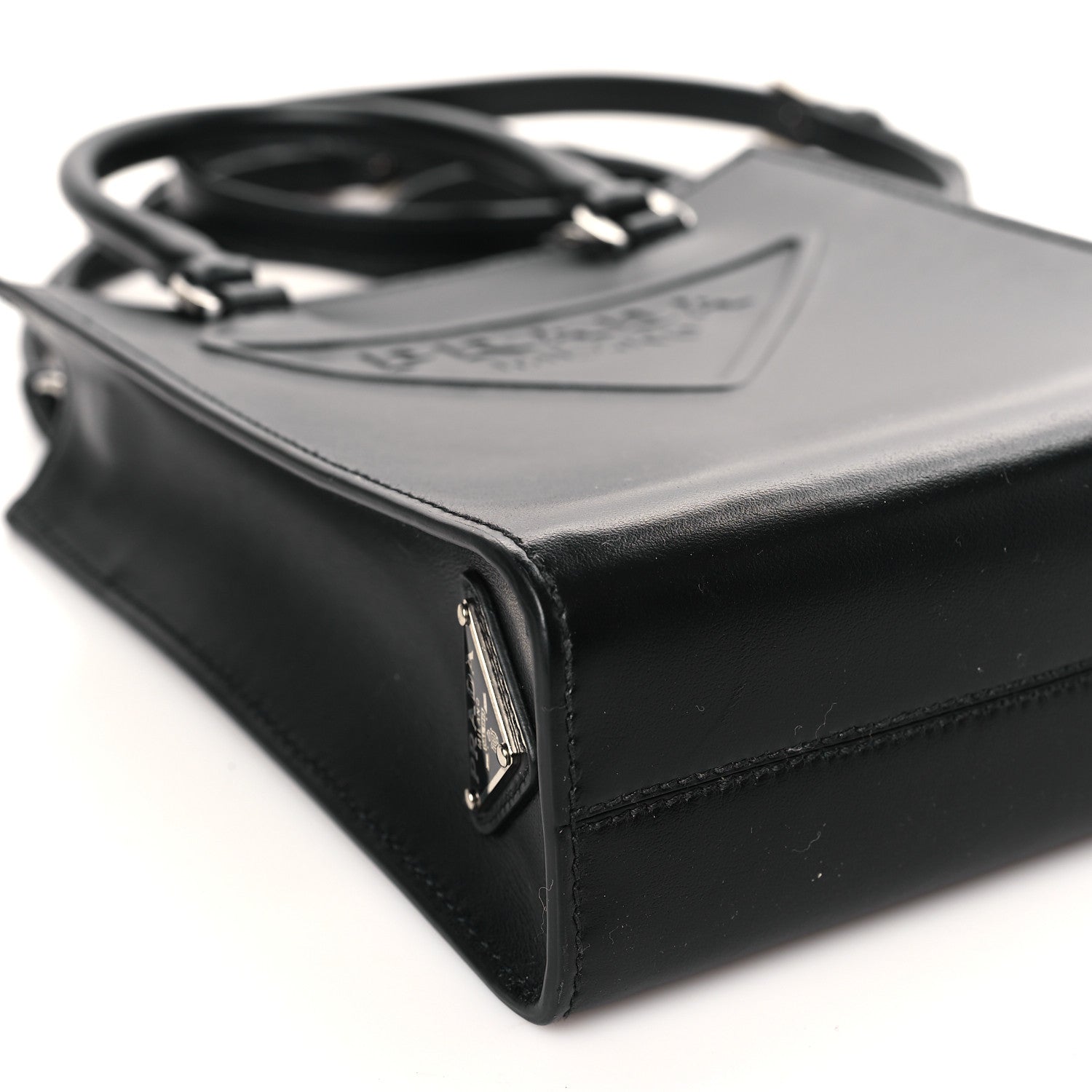 Prada Soft Calfskin Triangle Logo Embossed Small Double Handle Crossbody Tote Black 7 of 8