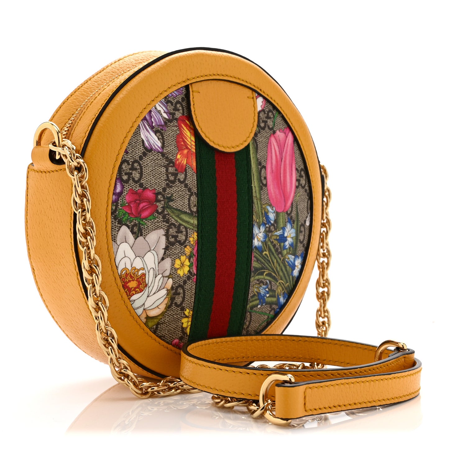 GG Supreme Monogram Flora Web Mini Ophidia Round Shoulder Bag Beige Multicolor Crop