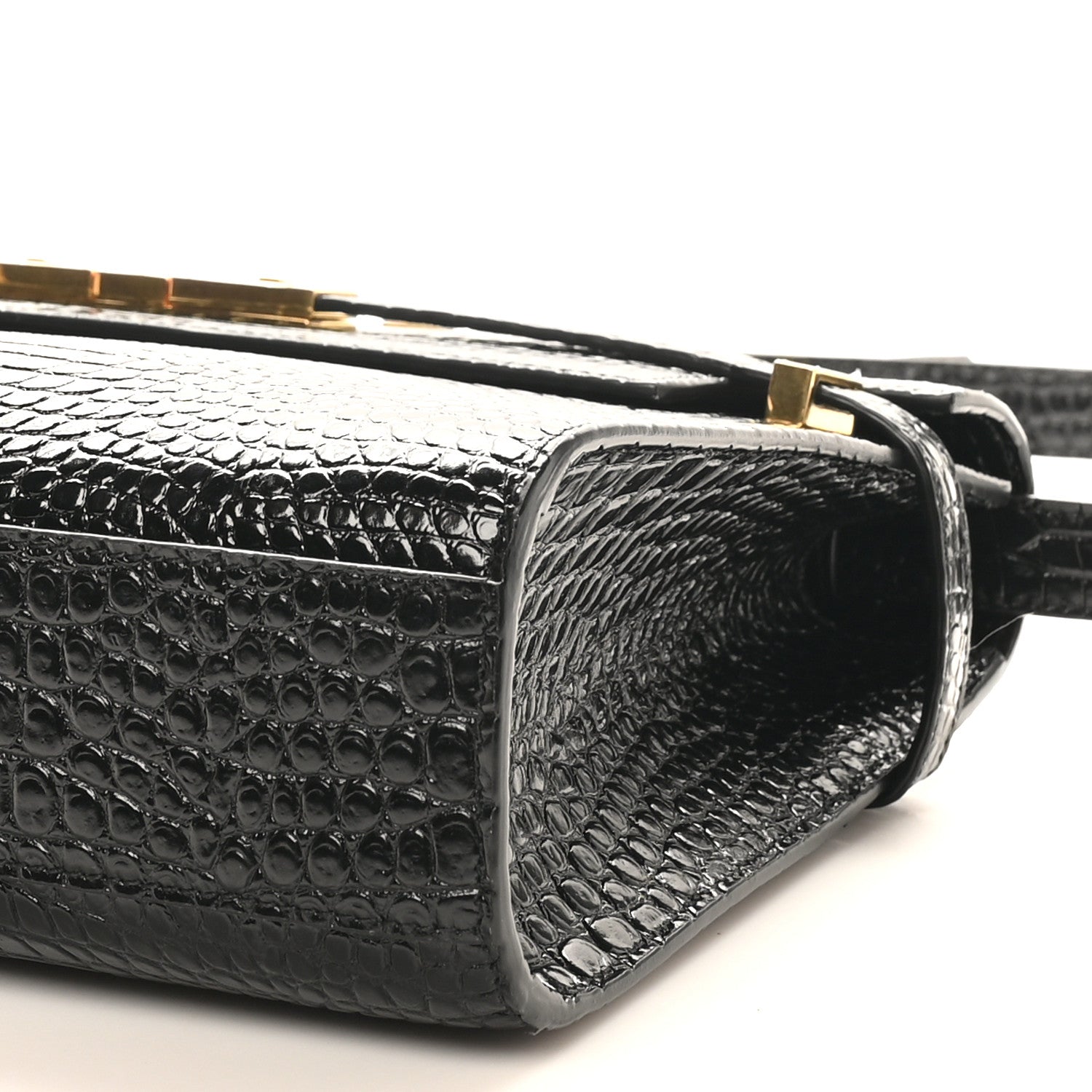 Saint Laurent Shiny Calfskin Crocodile Embossed Manhattan Baguette Black 10 of 10