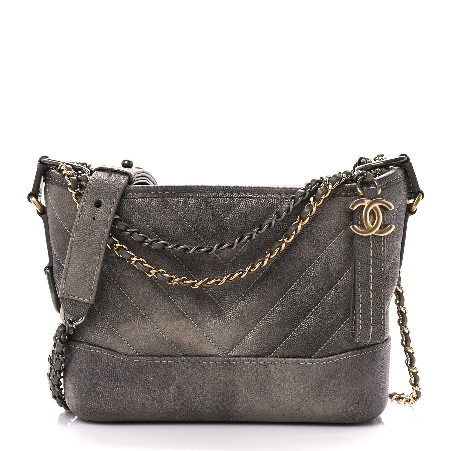 Metallic Caviar Chevron Quilted Small Gabrielle Hobo Light Silver Gold