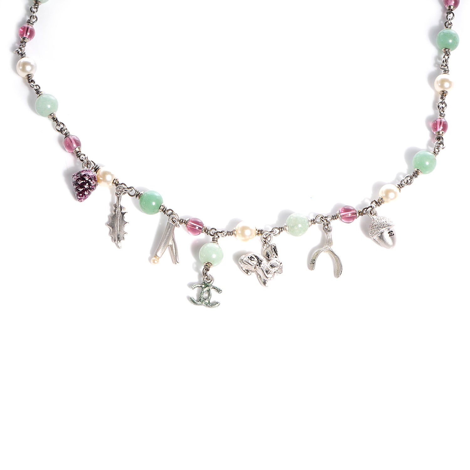 Chanel Beaded Charm CC Necklace Silver Multicolor 1 of 6