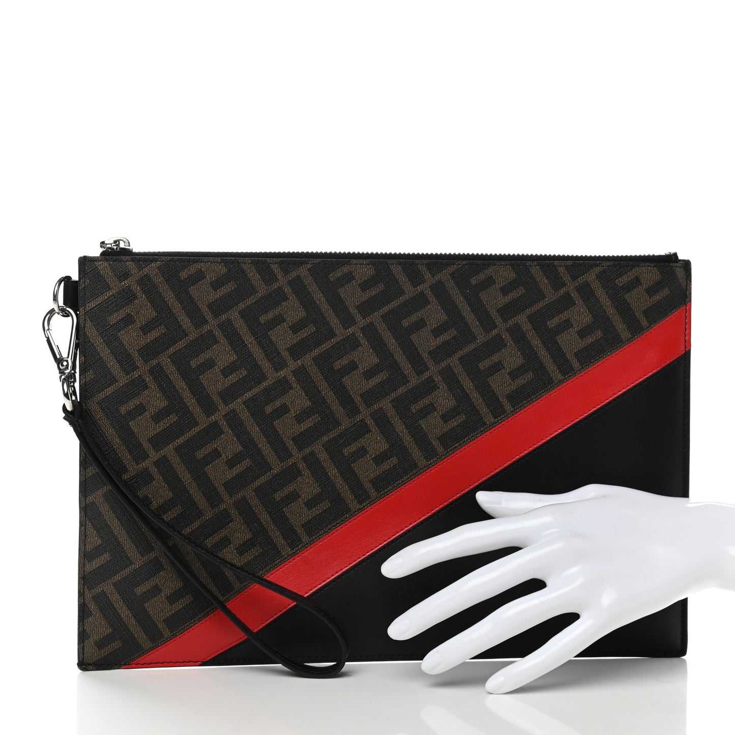 Glazed Fabric Vitello Liberty FF 1974 Diagonal Flat Clutch Tobacco Rosso Black