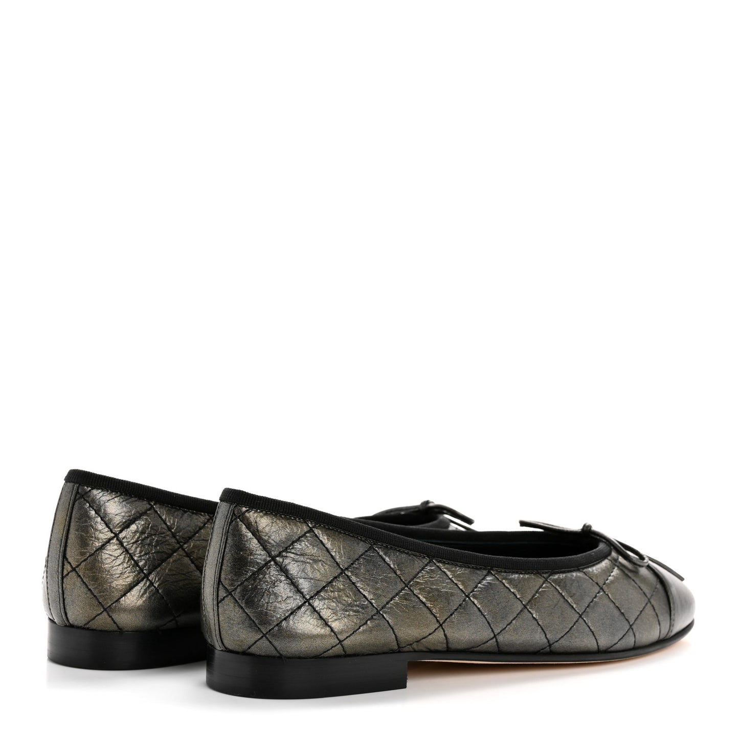 Metallic Aged Calfskin Quilted CC Cap Toe Ballerina Flats 38.5 Dark Silver