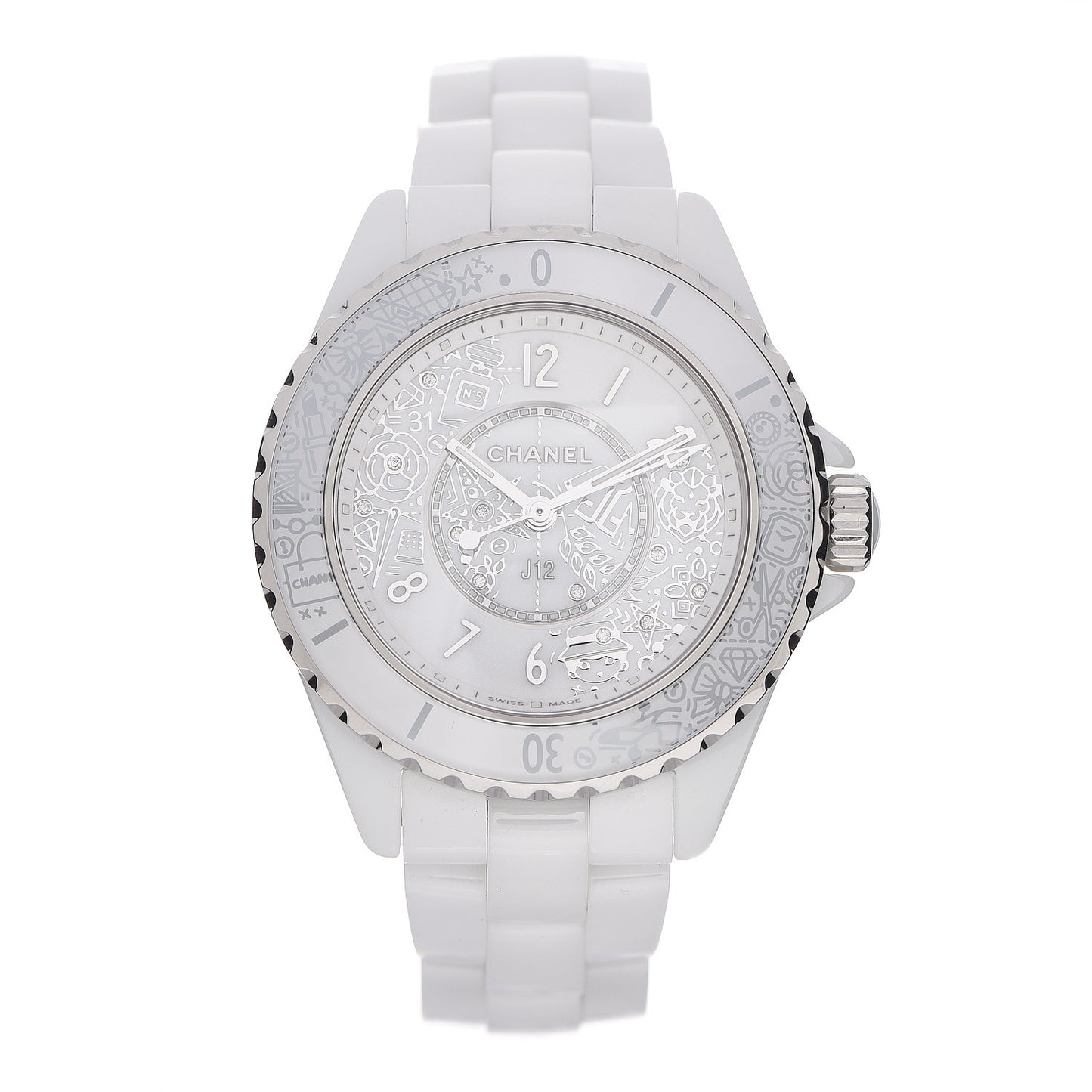 Stainless Steel Ceramic Diamond 33mm J12 Limited Edition Quartz Watch White
