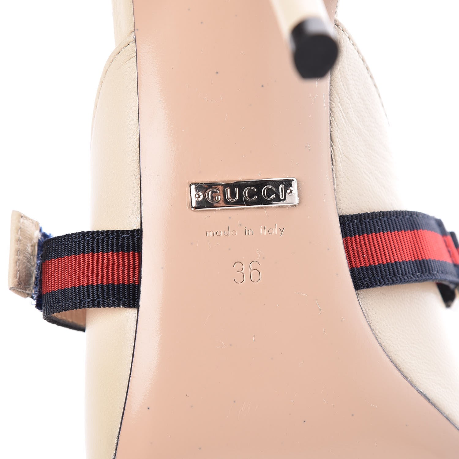 Gucci Malaga Kid Sylvie Web Cross Strap Mid-Heel Slides 36 Vintage White 7 of 8