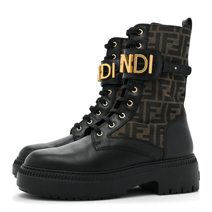 Fendi Vitello Fabric Jacquard FF Fendigraphy 50mm Biker Boots 42 Black Tobacco 3 of 13