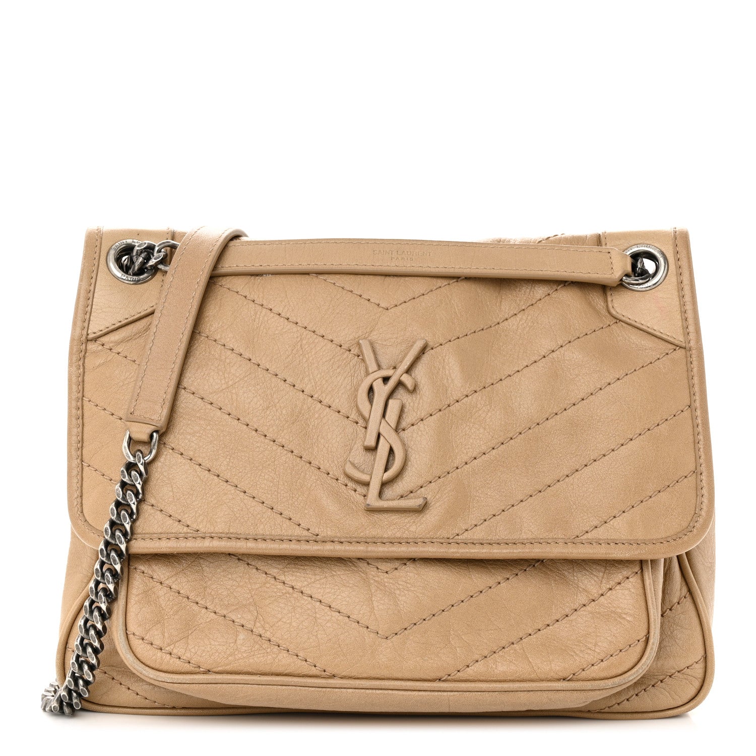 Saint Laurent Crinkled Calfskin Matelasse Monogram Medium Niki Chain Satchel Natural 1 of 13