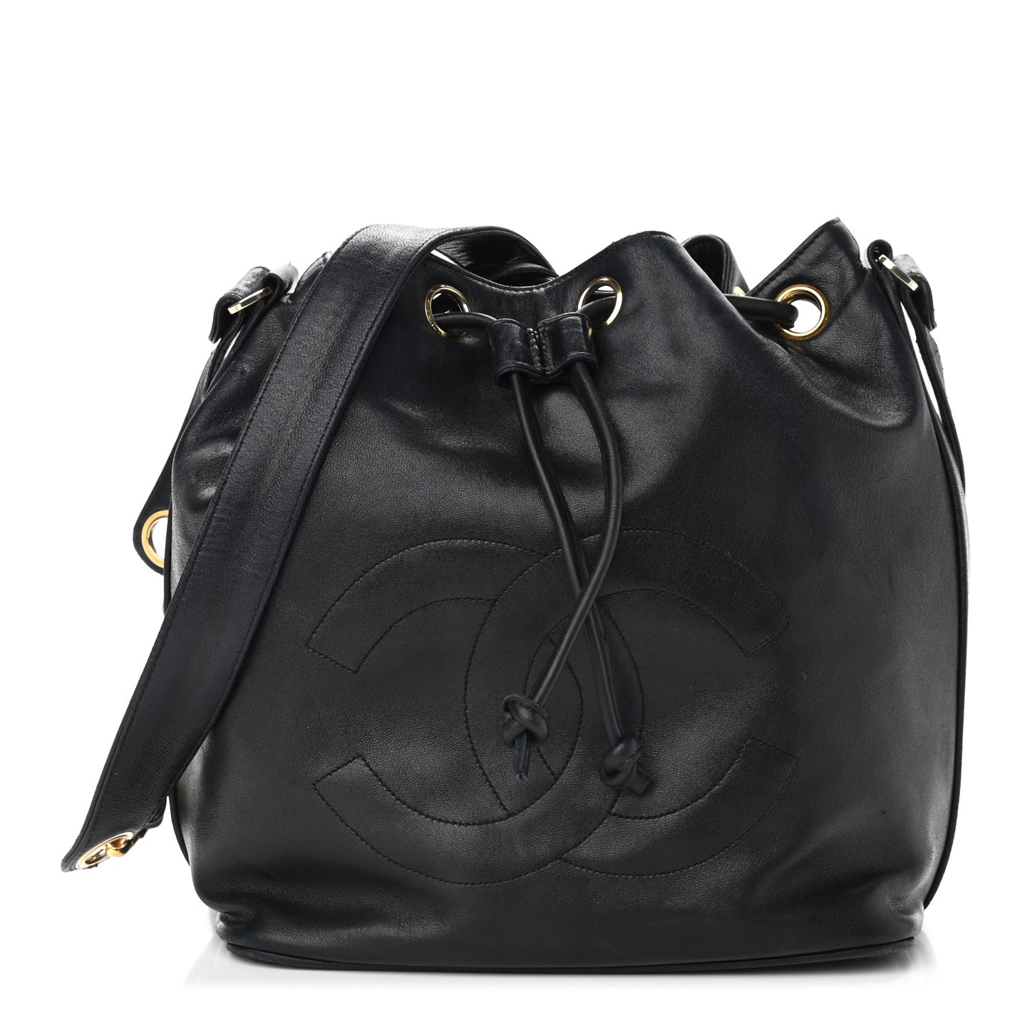 Lambskin CC Stitched Drawstring Bucket Bag Black