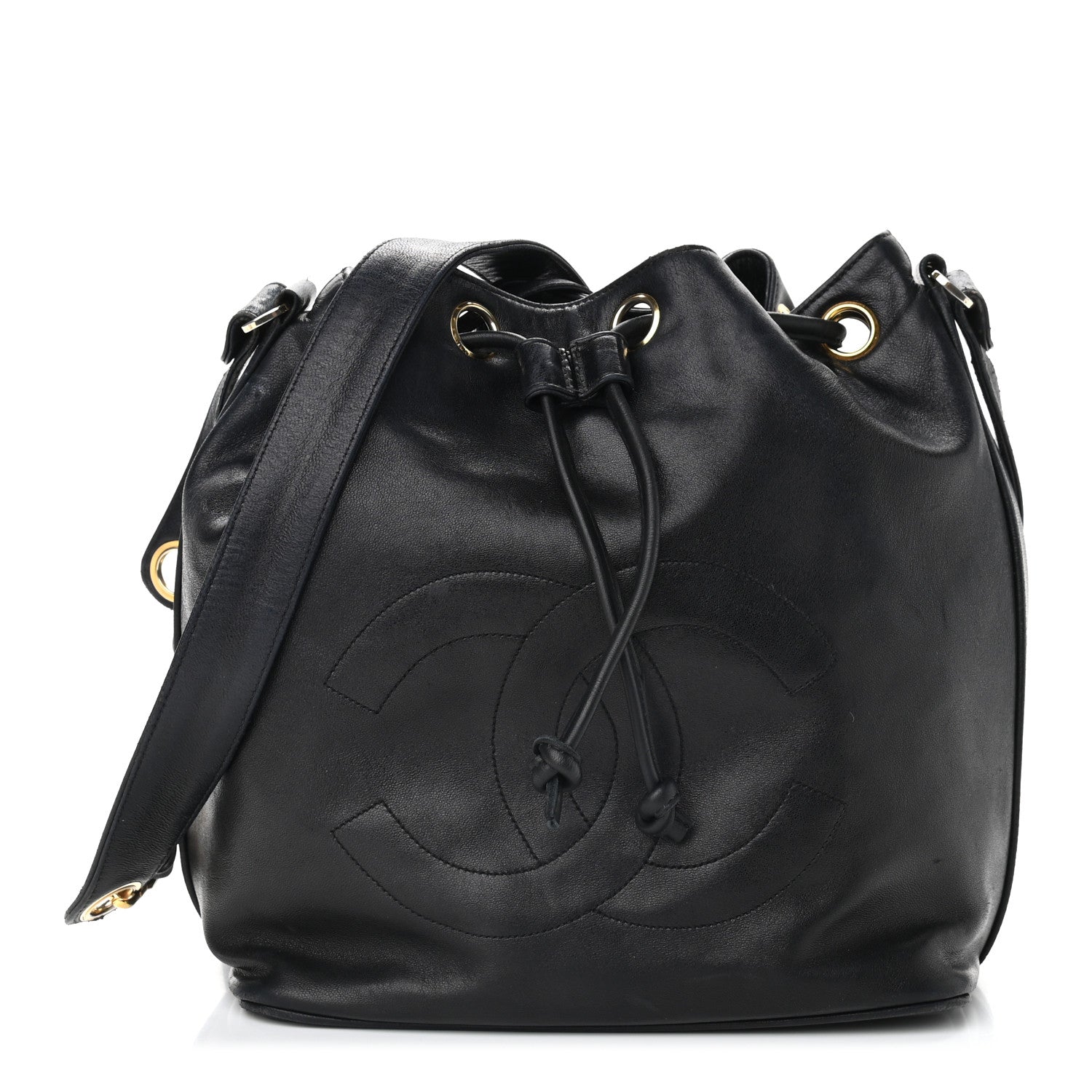 Chanel Lambskin CC Stitched Drawstring Bucket Bag Black 1 of 13