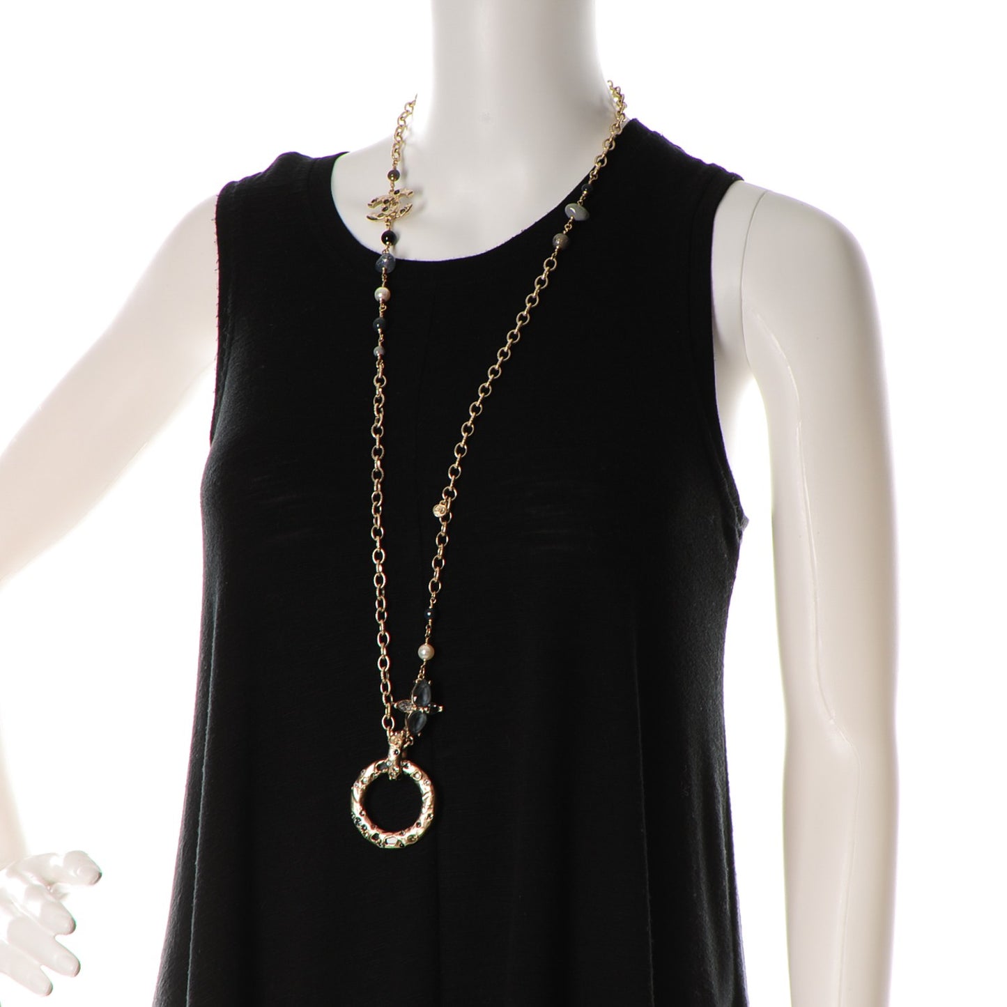 Pearl Crystal Bead CC Long Necklace Gold Grey Multicolor