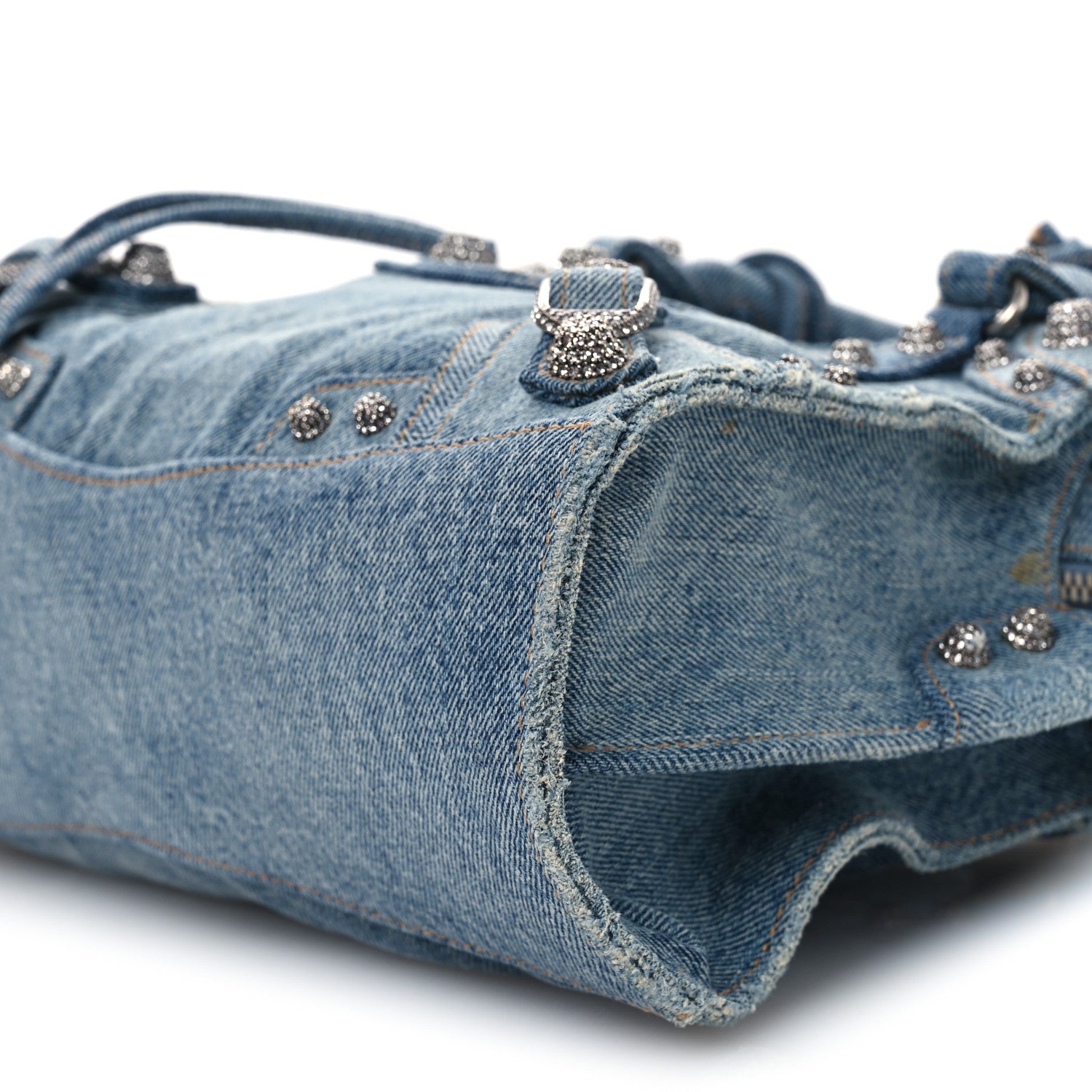Balenciaga Washed Frayed Denim Crystal Neo Cagole Handbag XS Blue 11 of 15