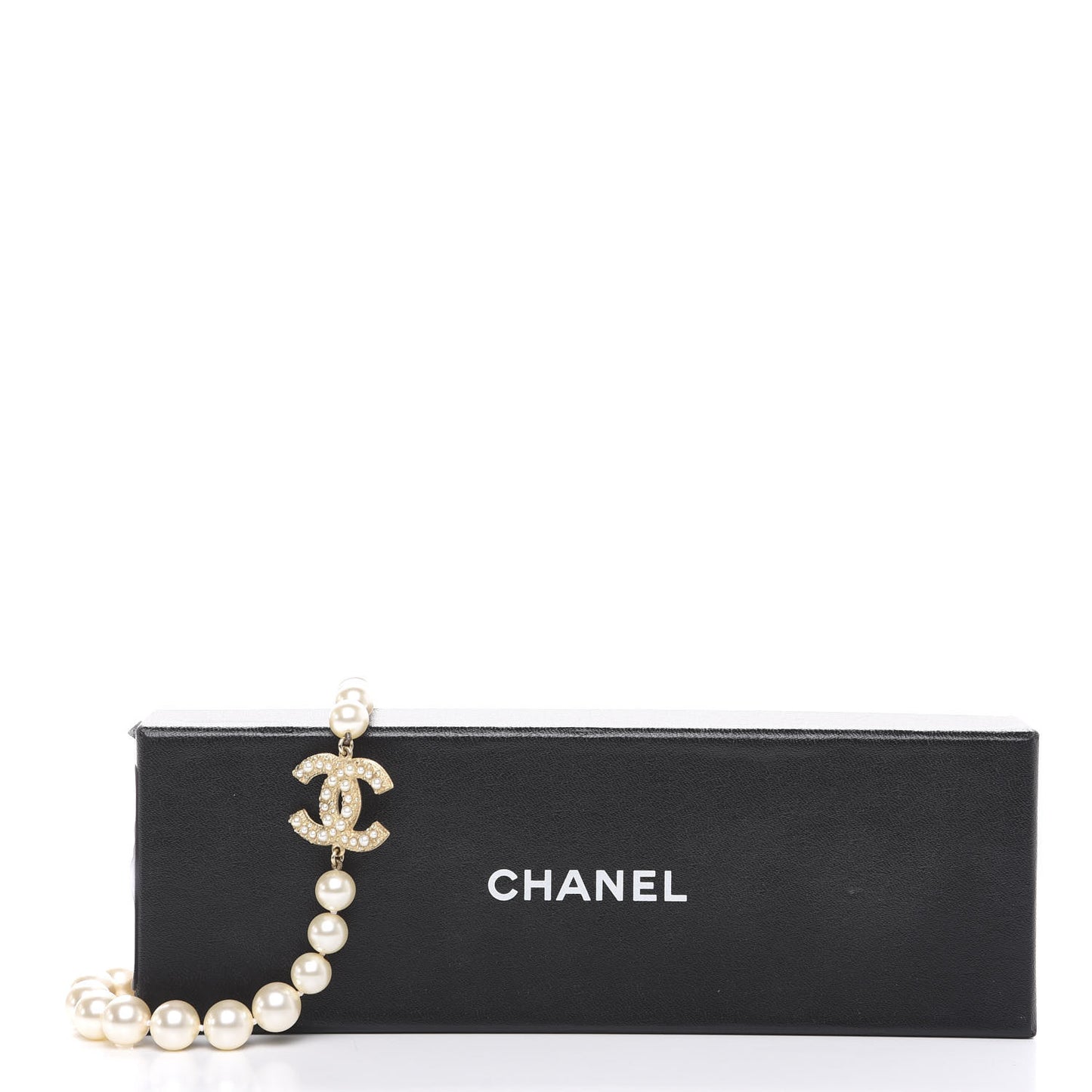Graduated Pearl CC Long Necklace Light Gold