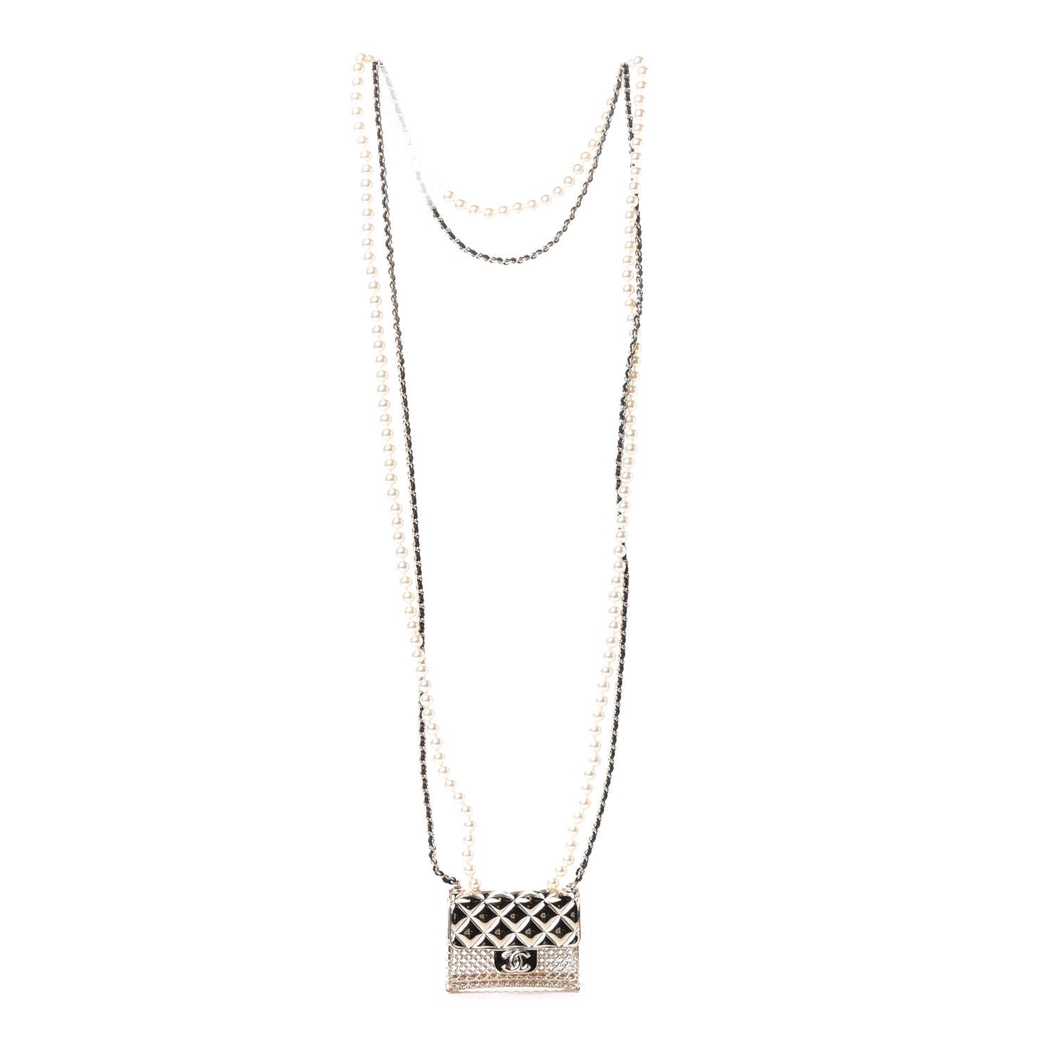 Chanel Metal Lambskin Pearl Chain Flap Bag Long Necklace Gold Black Pearly White 2 of 5