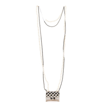 Chanel Metal Lambskin Pearl Chain Flap Bag Long Necklace Gold Black Pearly White 2 of 5