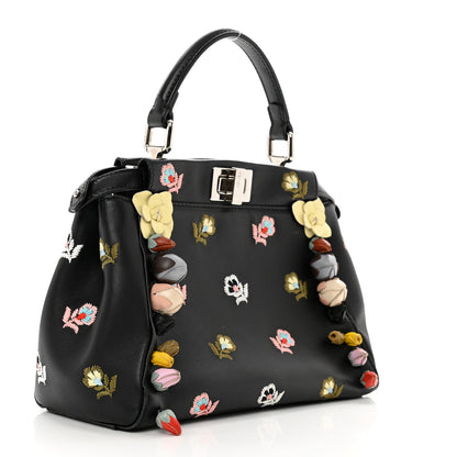 Fendi Nappa Rosebud Embroidered Mini Peekaboo Iconic Satchel Black Multicolor 3 of 12