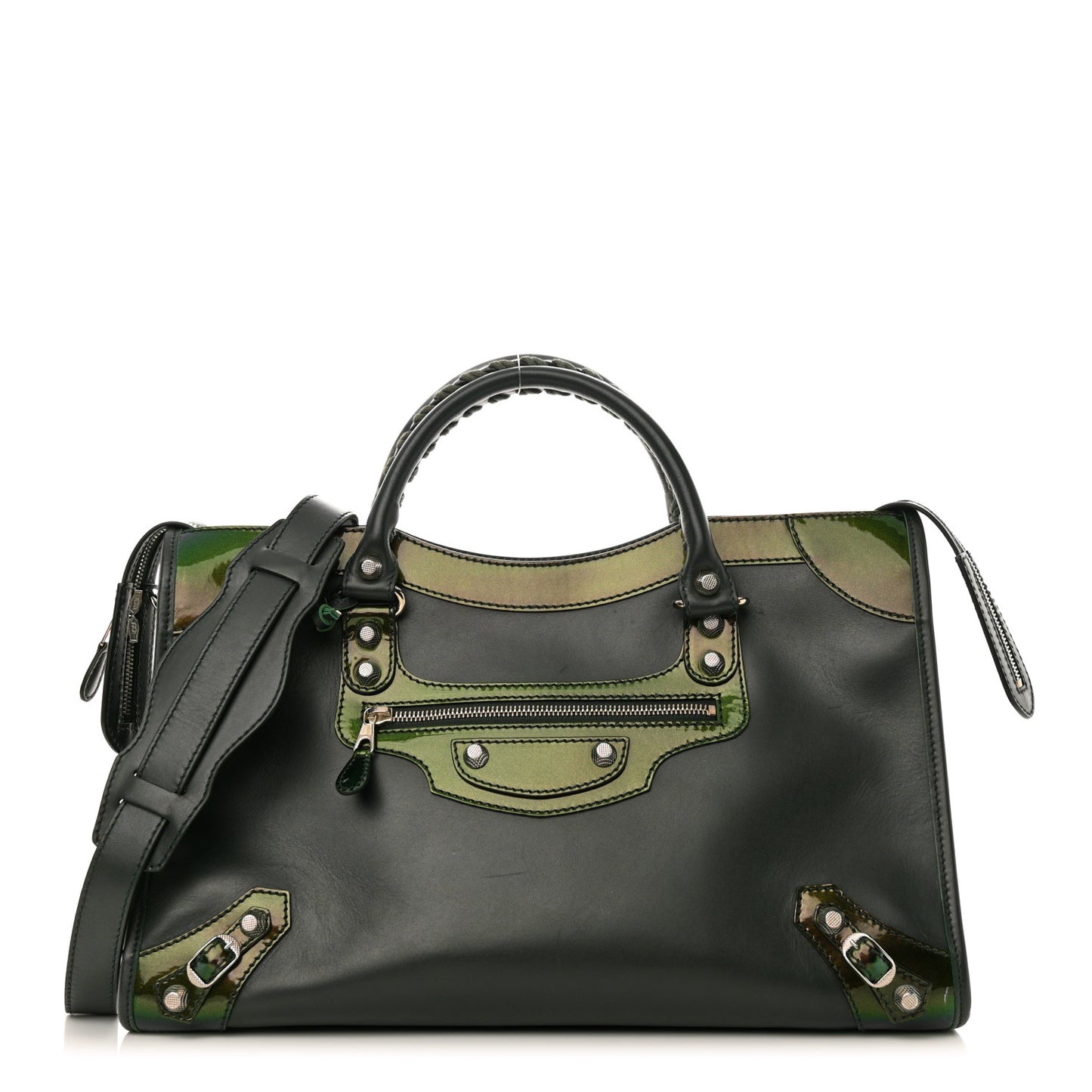 Smooth Calfskin Metallic Patent Giant 12 Silver Hardware City Vert Poker Fonce