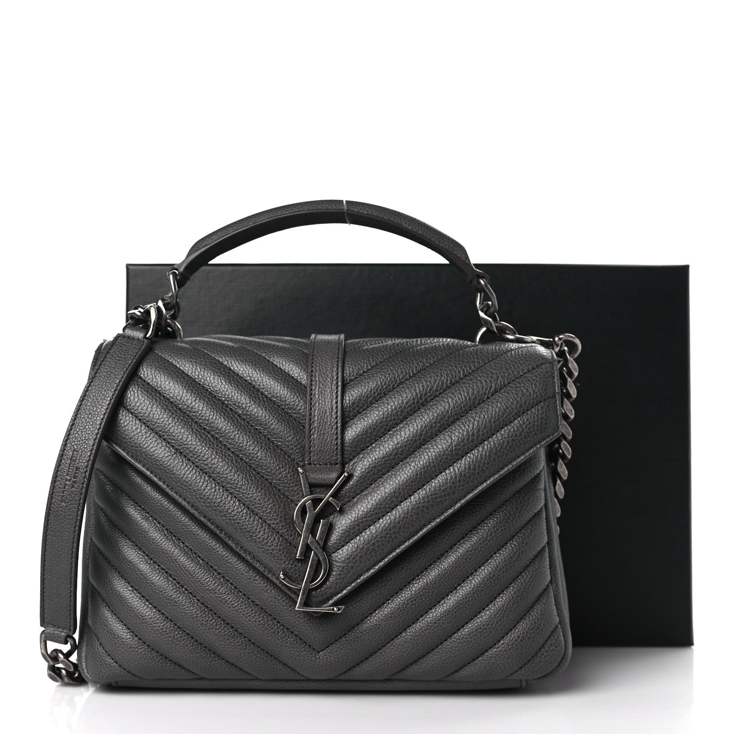 Saint Laurent Sheepskin Matelasse Chevron Monogram Medium College Bag Light Coal 10 of 10
