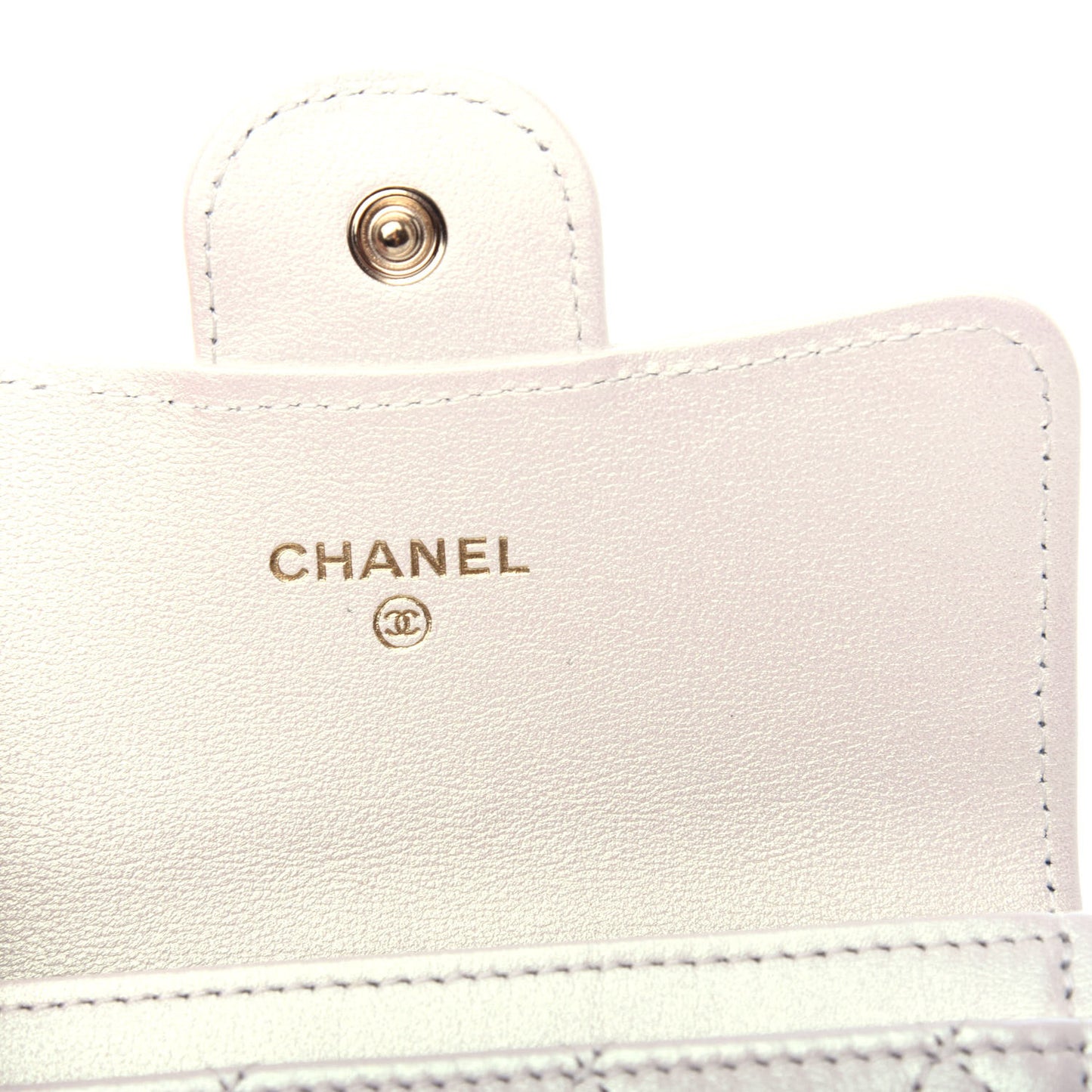 Iridescent Calfskin Quilted Flap Card Holder Wallet Ivory