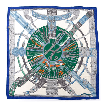 Hermes Cashmere Silk Ceintures et Liens Shawl 140 Bleu Klein Blanc Vert 1 of 7