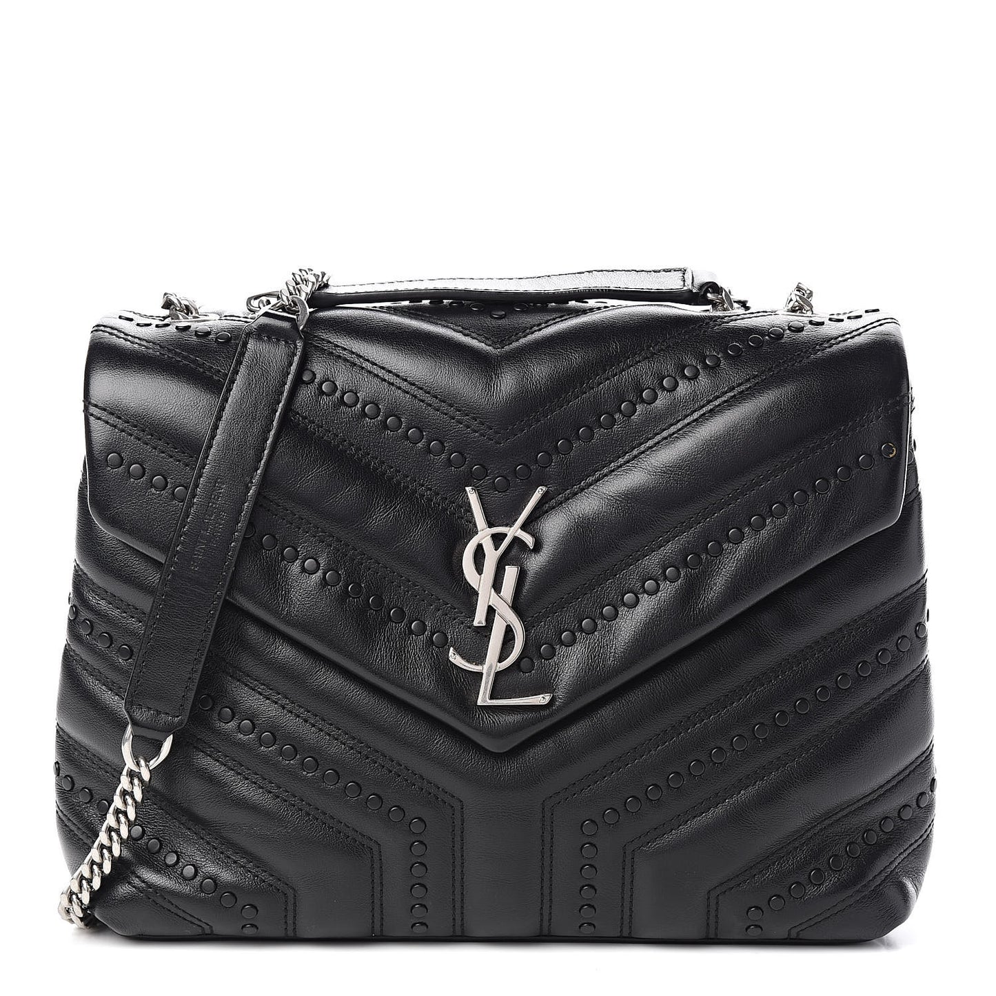 Calfskin Y Quilted Studded Monogram Small Loulou Chain Satchel Black