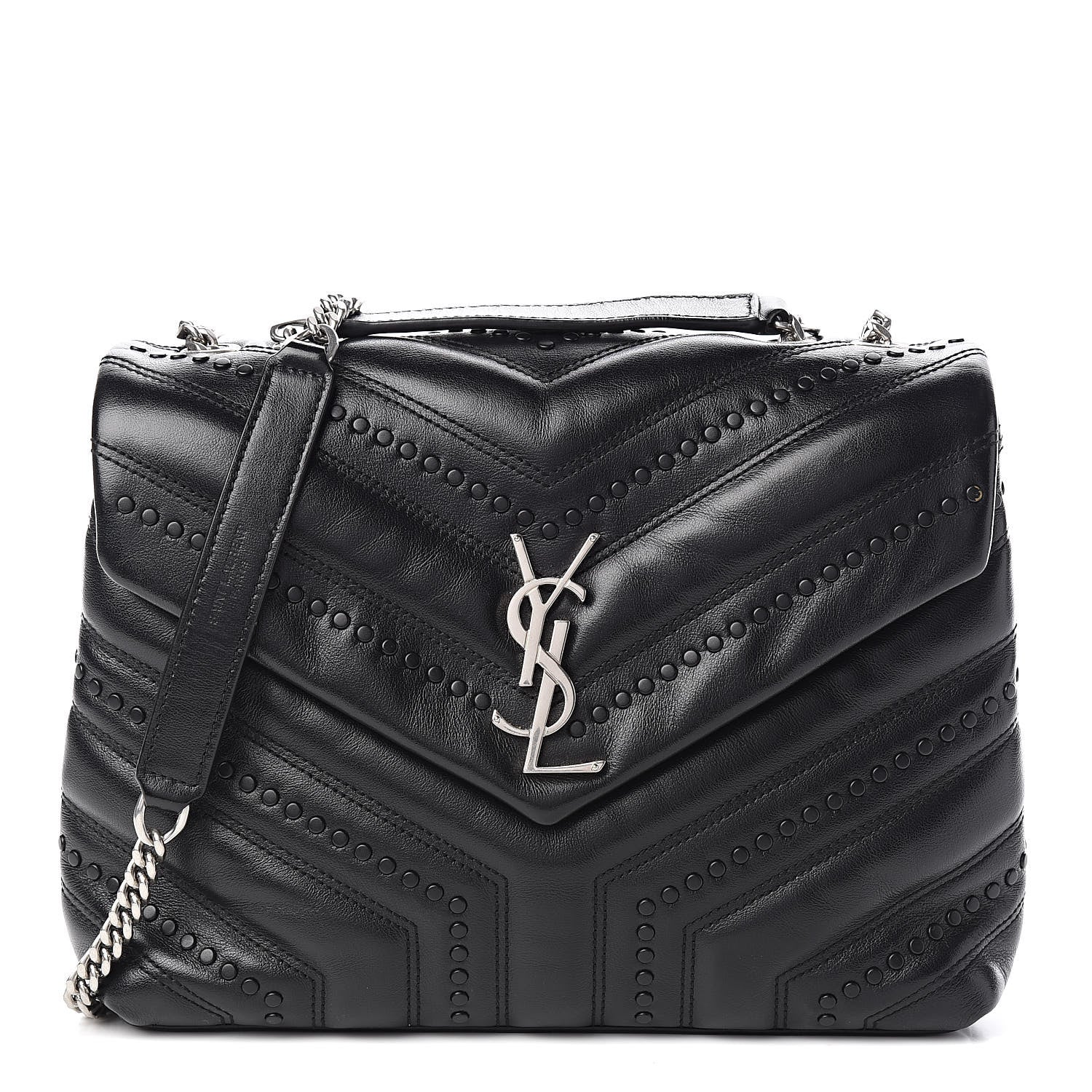 Saint Laurent Calfskin Y Quilted Studded Monogram Small Loulou Chain Satchel Black 1 of 9