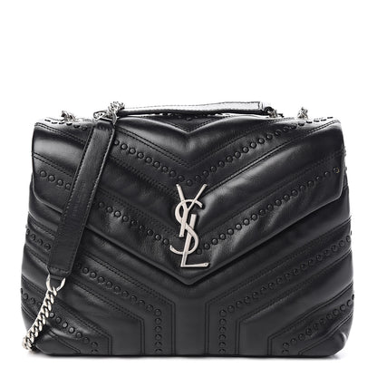 Saint Laurent Calfskin Y Quilted Studded Monogram Small Loulou Chain Satchel Black 1 of 9
