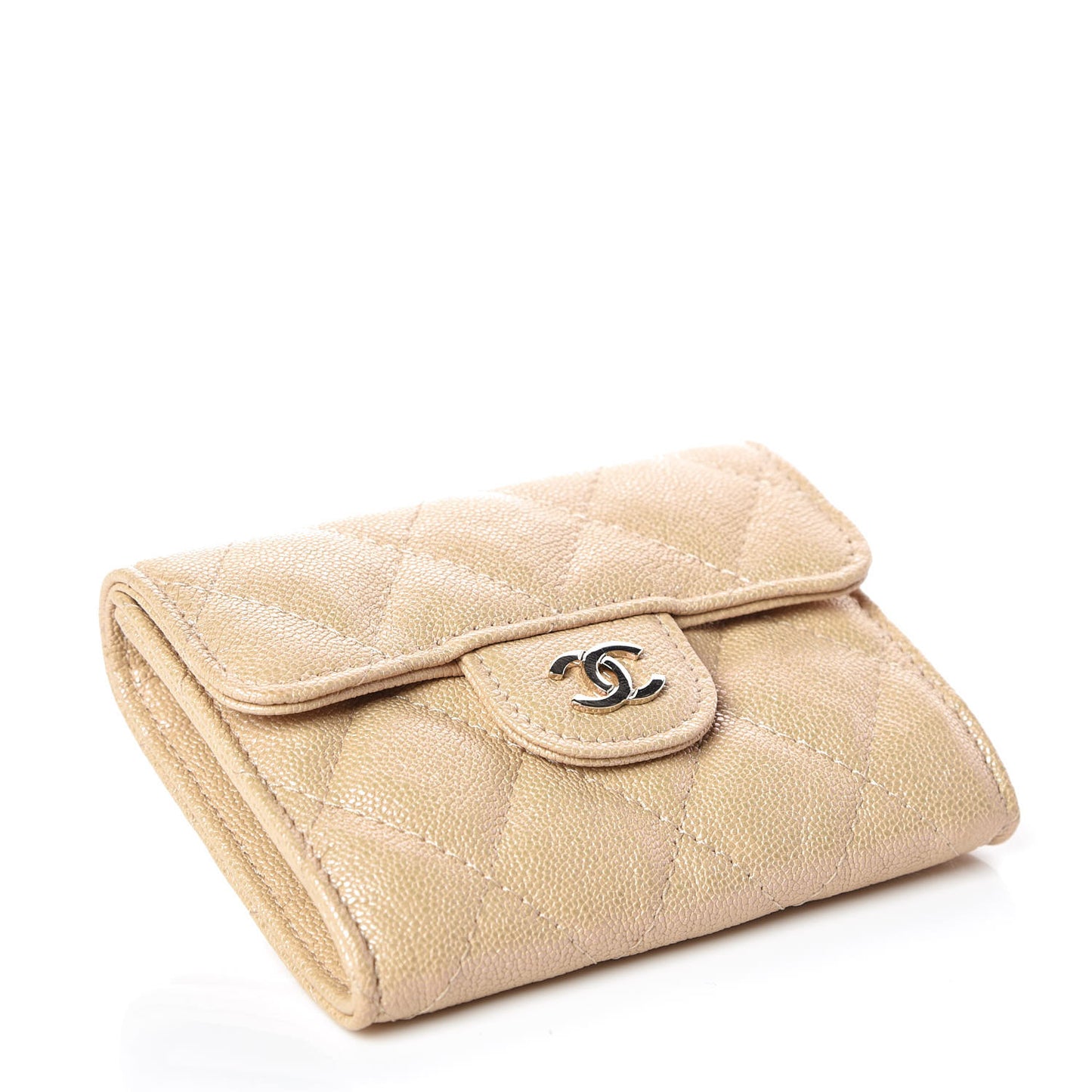 Iridescent Caviar Quilted Flap Card Holder Wallet Beige