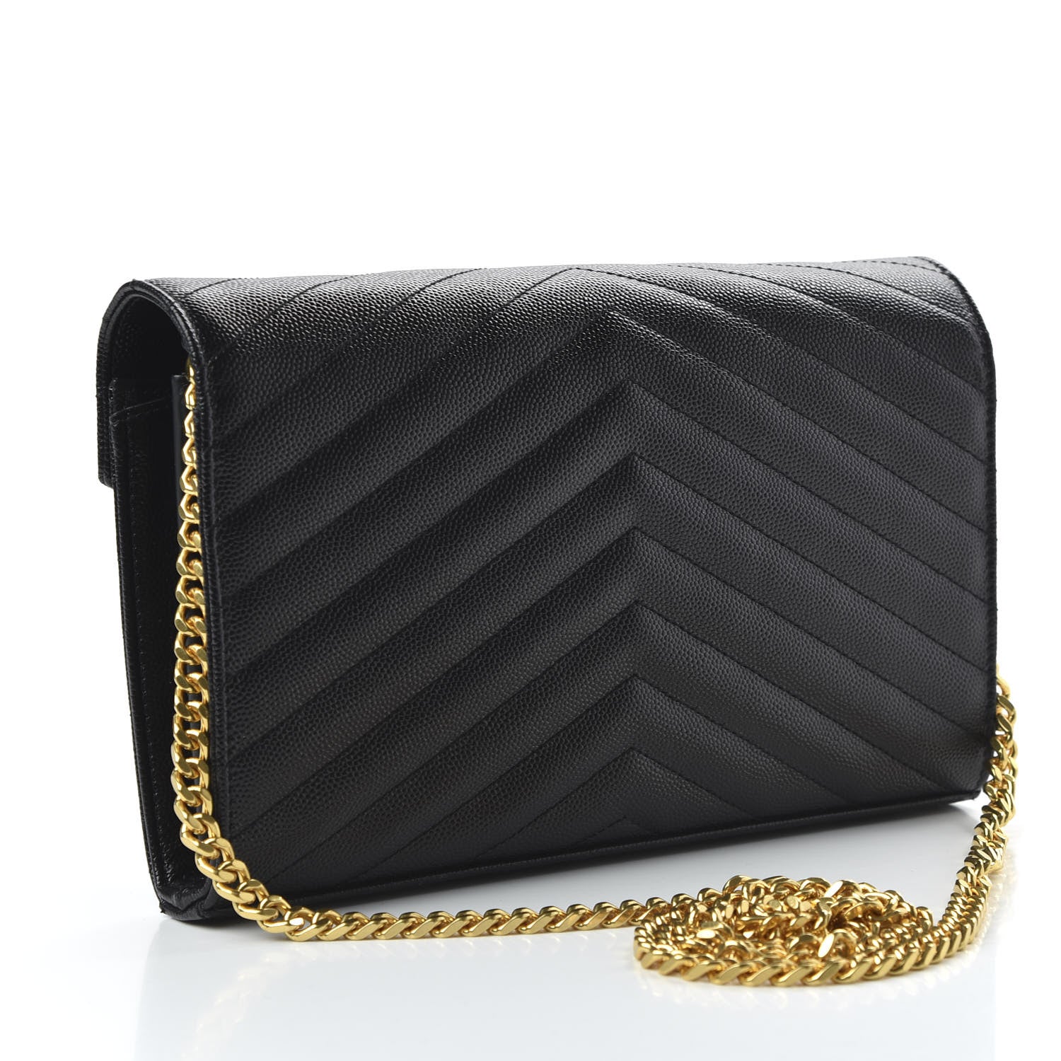 Saint Laurent Grain De Poudre Matelasse Chevron Monogram Chain Wallet Black 3 of 9