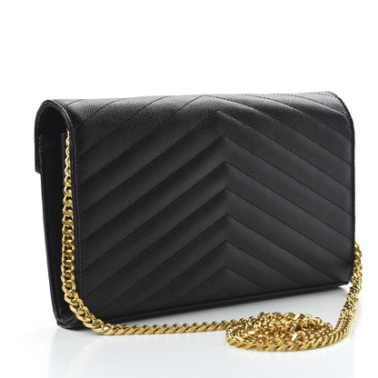Saint Laurent Grain De Poudre Matelasse Chevron Monogram Chain Wallet Black 3 of 9