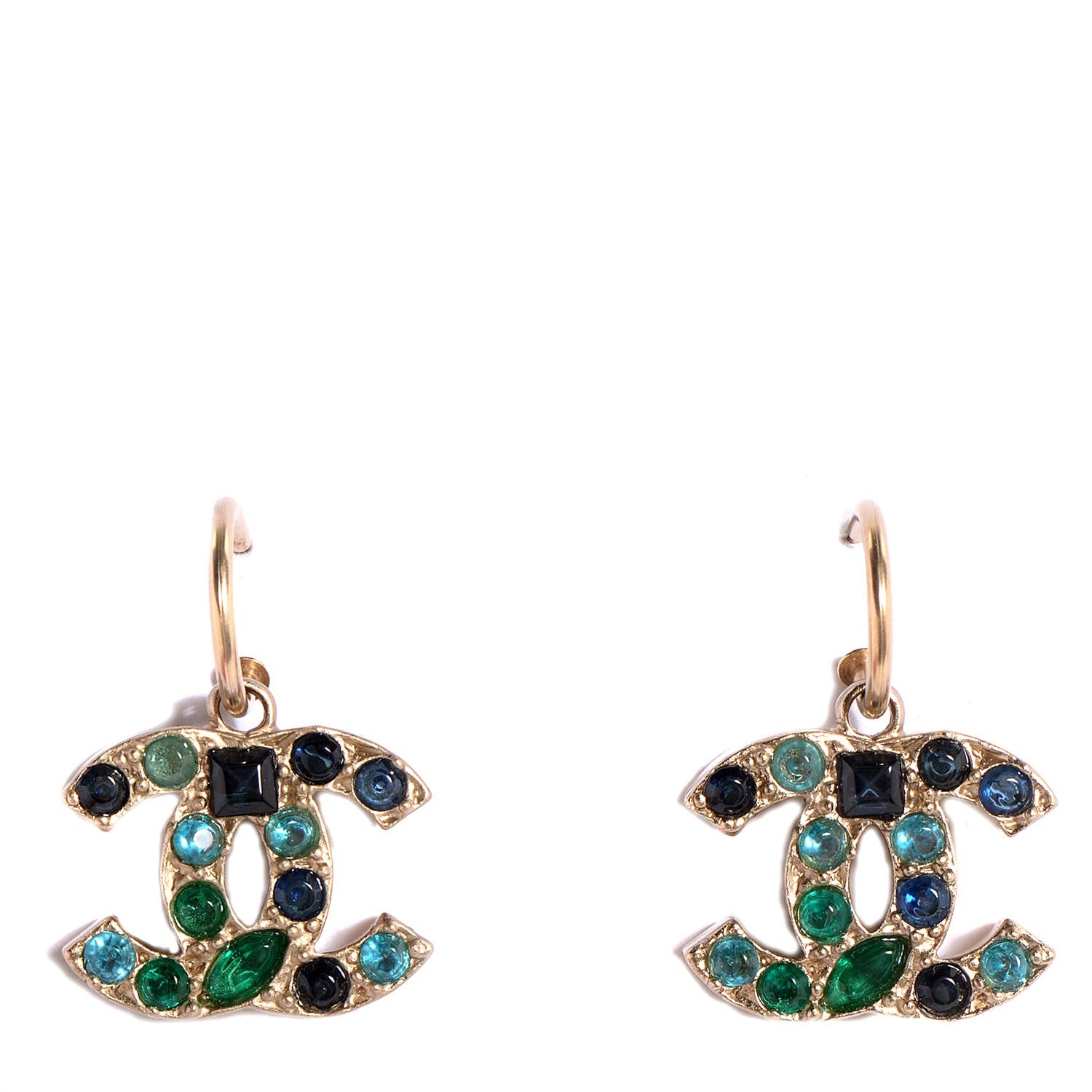 Chanel Crystal CC Dangle Earrings Dark Blue Gold 1 of 5