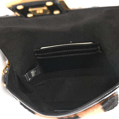 Fendi Shearling Vitello Vernice Mou Pequin Striped Mini Baguette Tobacco Black 5 of 11